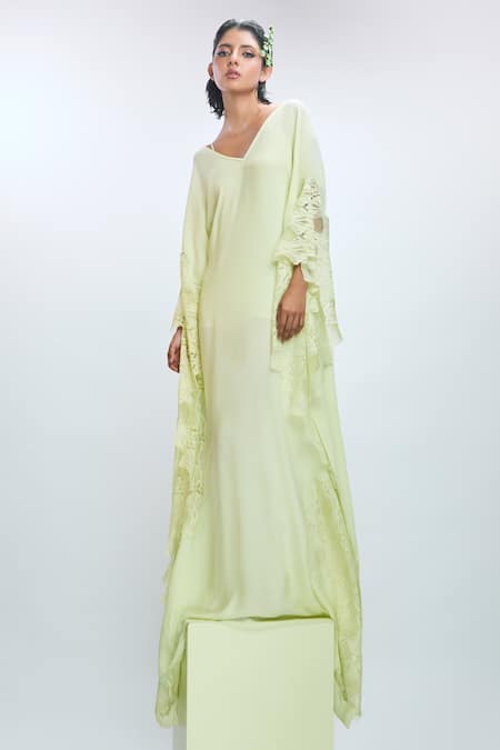 Nirmooha_Green Georgette Lace V-neck Solid Flared Sleeve Kaftan _Online_at_Aza_Fashions
