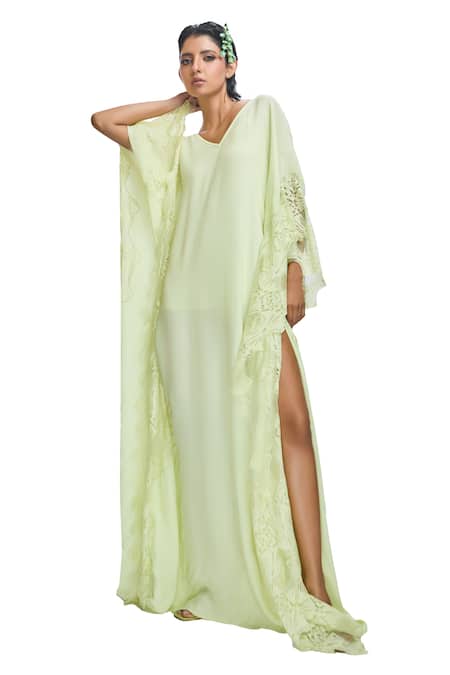 Shop_Nirmooha_Green Georgette Lace V-neck Solid Flared Sleeve Kaftan _Online_at_Aza_Fashions