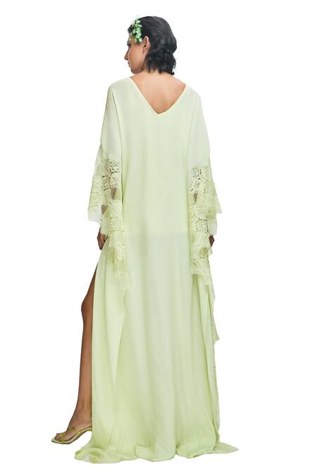 Nirmooha_Green Georgette Lace V-neck Solid Flared Sleeve Kaftan _at_Aza_Fashions