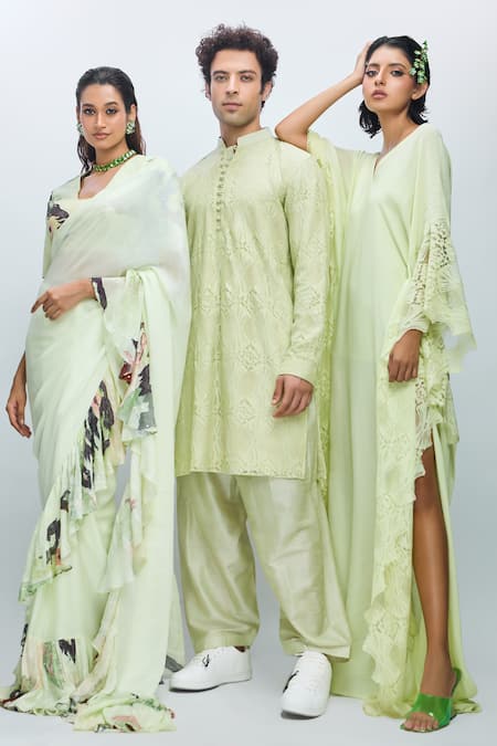 Shop_Nirmooha_Green Georgette Lace V-neck Solid Flared Sleeve Kaftan 
