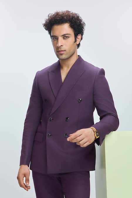 Nirmooha Purple Linen Solid Double-breasted Blazer 
