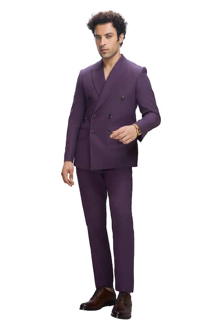 Shop_Nirmooha_Purple Linen Solid Double-breasted Blazer _Online_at_Aza_Fashions