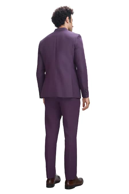 Nirmooha_Purple Linen Solid Double-breasted Blazer _at_Aza_Fashions