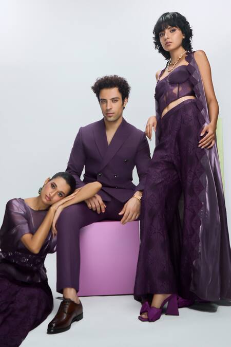 Nirmooha Purple Linen Solid Straight Pant Online at Aza Fashions Nirmooha_Purple Linen Solid Straight Pant _Online_at_Aza_Fashions
