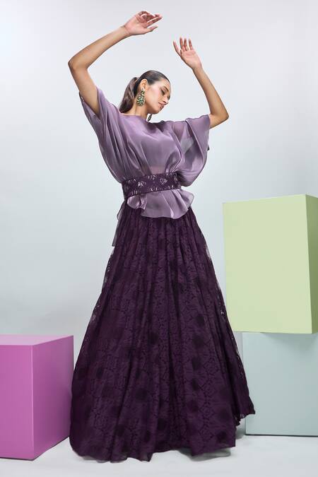 Nirmooha Purple Chiffon Lace Round Neck Solid Flared Sleeve Cape Lehenga Set Online at Aza Fashions Nirmooha_Purple Chiffon Lace Round Neck Solid Flared Sleeve Cape Lehenga Set _Online_at_Aza_Fashions