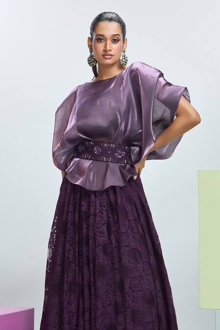 Buy Nirmooha Purple Chiffon Lace Round Neck Solid Flared Sleeve Cape Lehenga Set Online at Aza Fashions Buy_Nirmooha_Purple Chiffon Lace Round Neck Solid Flared Sleeve Cape Lehenga Set _Online_at_Aza_Fashions