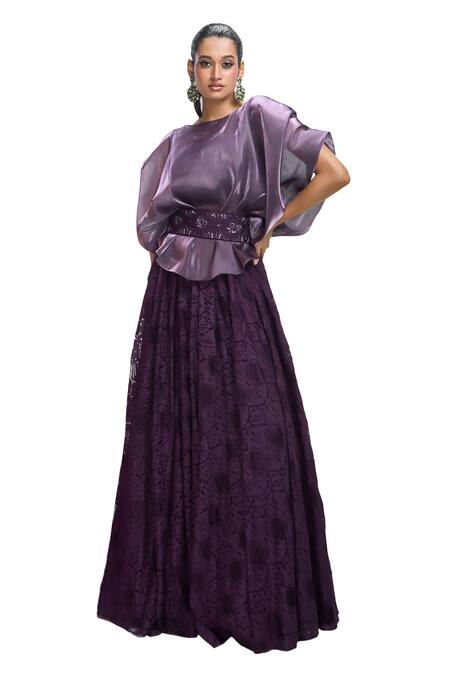 Shop Nirmooha Purple Chiffon Lace Round Neck Solid Flared Sleeve Cape Lehenga Set Online at Aza Fashions Shop_Nirmooha_Purple Chiffon Lace Round Neck Solid Flared Sleeve Cape Lehenga Set _Online_at_Aza_Fashions