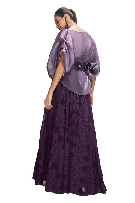Nirmooha Purple Chiffon Lace Round Neck Solid Flared Sleeve Cape Lehenga Set at Aza Fashions Nirmooha_Purple Chiffon Lace Round Neck Solid Flared Sleeve Cape Lehenga Set _at_Aza_Fashions
