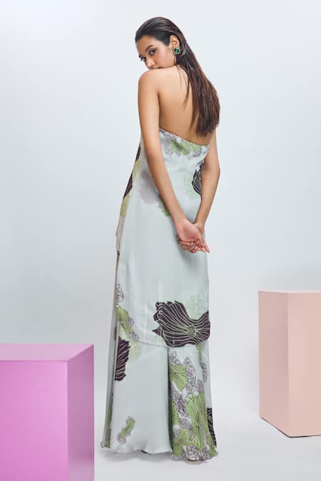 Shop Nirmooha Grey Chiffon, Lurex Embroidery Halter Neck Floral Print Tunic And Pant Set at Aza Fashions Shop_Nirmooha_Grey Chiffon, Lurex Embroidery Halter Neck Floral Print Tunic And Pant Set _at_Aza_Fashions