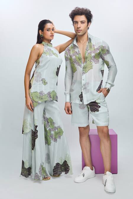 Buy Nirmooha Grey Chiffon, Lurex Embroidery Halter Neck Floral Print Tunic And Pant Set Online at Aza Fashions Buy_Nirmooha_Grey Chiffon, Lurex Embroidery Halter Neck Floral Print Tunic And Pant Set _Online_at_Aza_Fashions