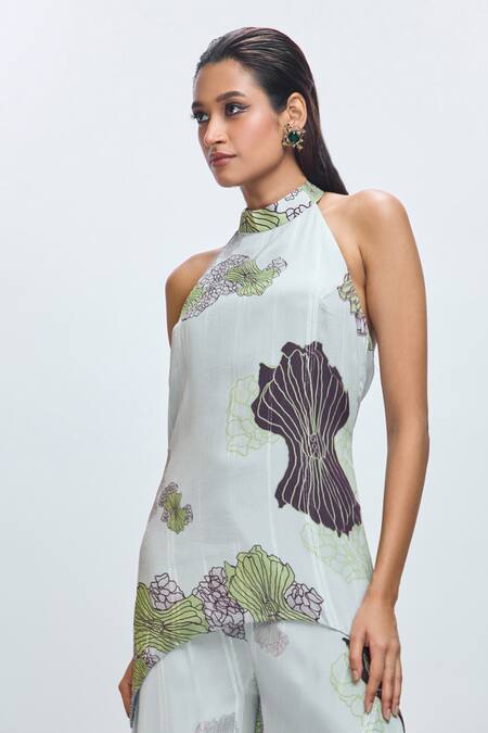 Shop Nirmooha Grey Chiffon, Lurex Embroidery Halter Neck Floral Print Tunic And Pant Set Online at Aza Fashions Shop_Nirmooha_Grey Chiffon, Lurex Embroidery Halter Neck Floral Print Tunic And Pant Set _Online_at_Aza_Fashions