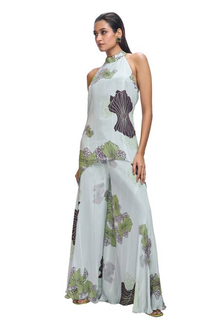 Buy Nirmooha Grey Chiffon, Lurex Embroidery Halter Neck Floral Print Tunic And Pant Set Buy_Nirmooha_Grey Chiffon, Lurex Embroidery Halter Neck Floral Print Tunic And Pant Set