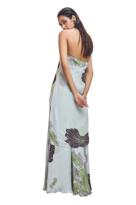 Shop Nirmooha Grey Chiffon, Lurex Embroidery Halter Neck Floral Print Tunic And Pant Set Shop_Nirmooha_Grey Chiffon, Lurex Embroidery Halter Neck Floral Print Tunic And Pant Set