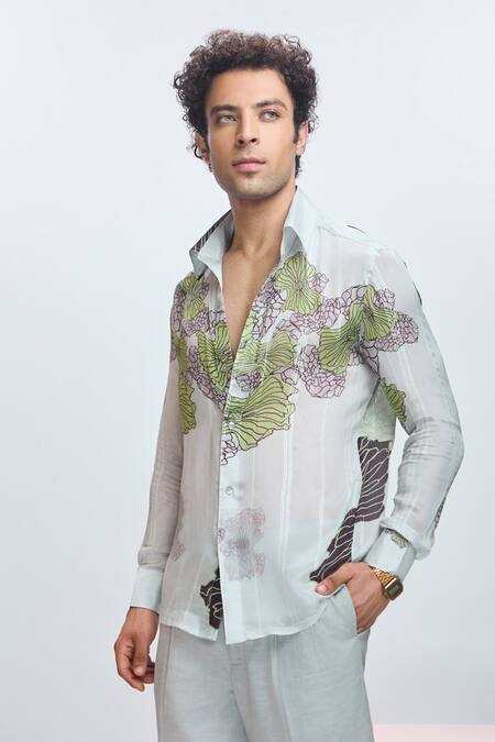Nirmooha_Grey Chiffon, Lurex Embroidery Floral Print Shirt _Online_at_Aza_Fashions