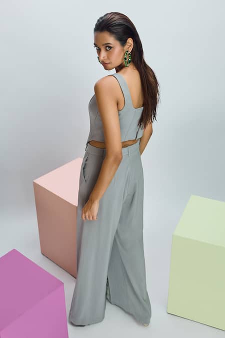 Shop Nirmooha Grey Microfiber Square Neck Solid Corset And Printed Pant Set at Aza Fashions Shop_Nirmooha_Grey Microfiber Square Neck Solid Corset And Printed Pant Set _at_Aza_Fashions
