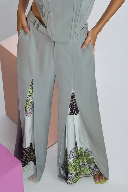 Nirmooha Grey Microfiber Square Neck Solid Corset And Printed Pant Set Online at Aza Fashions Nirmooha_Grey Microfiber Square Neck Solid Corset And Printed Pant Set _Online_at_Aza_Fashions