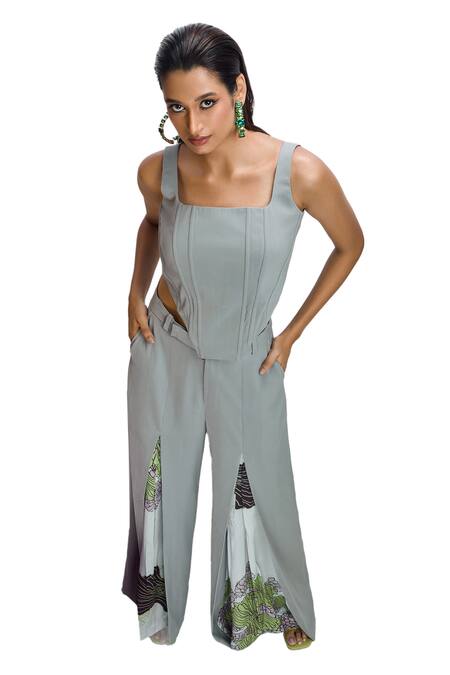 Shop Nirmooha Grey Microfiber Square Neck Solid Corset And Printed Pant Set Online at Aza Fashions Shop_Nirmooha_Grey Microfiber Square Neck Solid Corset And Printed Pant Set _Online_at_Aza_Fashions