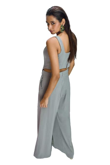 Buy Nirmooha Grey Microfiber Square Neck Solid Corset And Printed Pant Set Buy_Nirmooha_Grey Microfiber Square Neck Solid Corset And Printed Pant Set