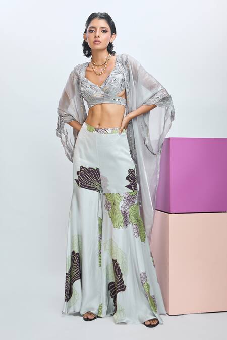 Nirmooha Grey Modal, Organza Sequins, Beads Open Neck, Hand Embroidered Jacket Pant Set Online at Aza Fashions Nirmooha_Grey Modal, Organza Sequins, Beads Open Neck, Hand Embroidered Jacket Pant Set _Online_at_Aza_Fashions