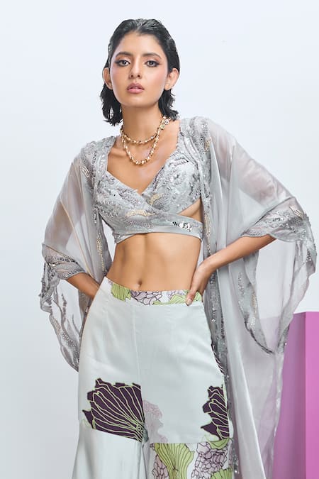 Buy Nirmooha Grey Modal, Organza Sequins, Beads Open Neck, Hand Embroidered Jacket Pant Set Online at Aza Fashions Buy_Nirmooha_Grey Modal, Organza Sequins, Beads Open Neck, Hand Embroidered Jacket Pant Set _Online_at_Aza_Fashions