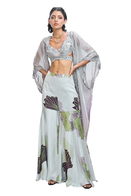 Nirmooha Grey Modal, Organza Sequins, Beads Open Neck, Hand Embroidered Jacket Pant Set at Aza Fashions Nirmooha_Grey Modal, Organza Sequins, Beads Open Neck, Hand Embroidered Jacket Pant Set _at_Aza_Fashions