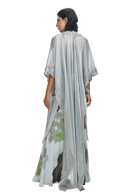 Buy Nirmooha Grey Modal, Organza Sequins, Beads Open Neck, Hand Embroidered Jacket Pant Set Buy_Nirmooha_Grey Modal, Organza Sequins, Beads Open Neck, Hand Embroidered Jacket Pant Set