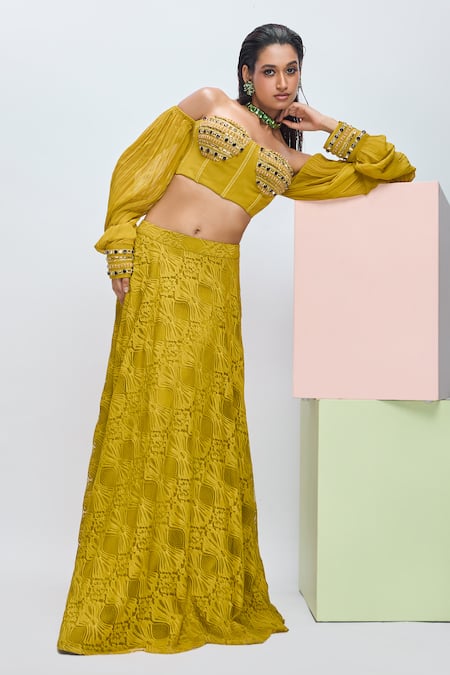 Nirmooha Yellow Georgette Placement Hand Savannah Lace Skirt With Blouse 