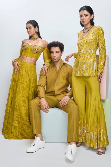 Nirmooha_Yellow Georgette Beads Sweetheart Savannah Lace Embroidered Skirt With Blouse _Online_at_Aza_Fashions