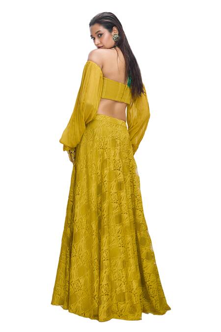Buy_Nirmooha_Yellow Georgette Beads Sweetheart Savannah Lace Embroidered Skirt With Blouse _Online_at_Aza_Fashions