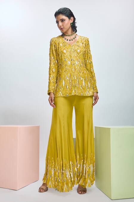Nirmooha_Yellow Crepe Sequins V-neck Embroidered Jacket Tunic With Pant _Online_at_Aza_Fashions