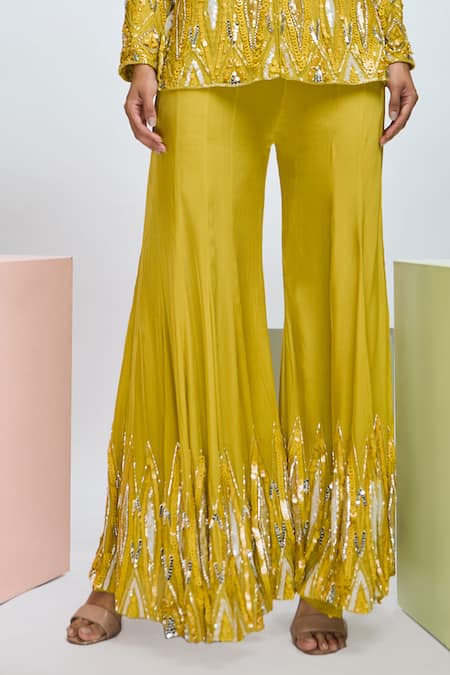 Buy_Nirmooha_Yellow Crepe Sequins V-neck Embroidered Jacket Tunic With Pant _Online_at_Aza_Fashions