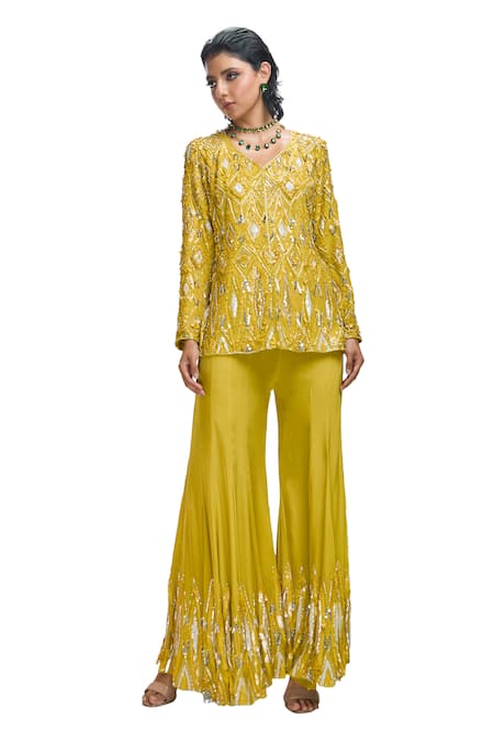 Shop_Nirmooha_Yellow Crepe Sequins V-neck Embroidered Jacket Tunic With Pant _Online_at_Aza_Fashions