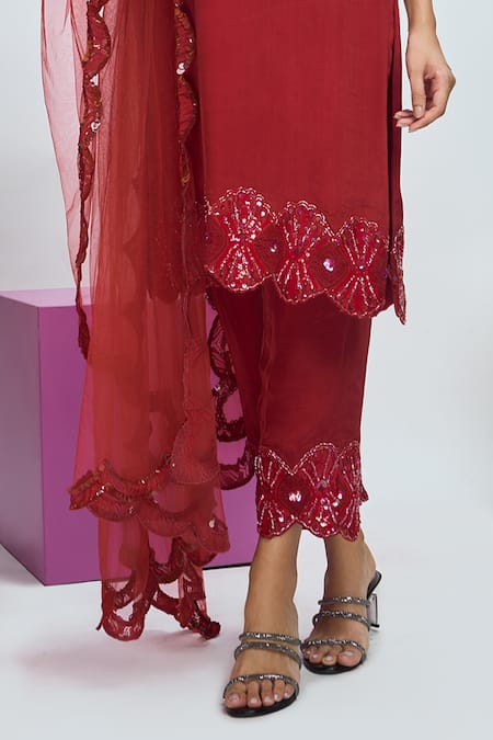 Nirmooha_Maroon Crepe, Chiffon, Chanderi Sequins, Embroidery Hand Kurta Pant Set _Online_at_Aza_Fashions