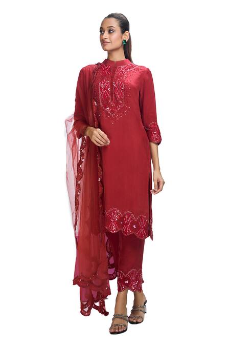 Buy_Nirmooha_Maroon Crepe, Chiffon, Chanderi Sequins, Embroidery Hand Kurta Pant Set _Online_at_Aza_Fashions