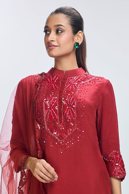 Shop_Nirmooha_Maroon Crepe, Chiffon, Chanderi Sequins, Embroidery Hand Kurta Pant Set _Online_at_Aza_Fashions