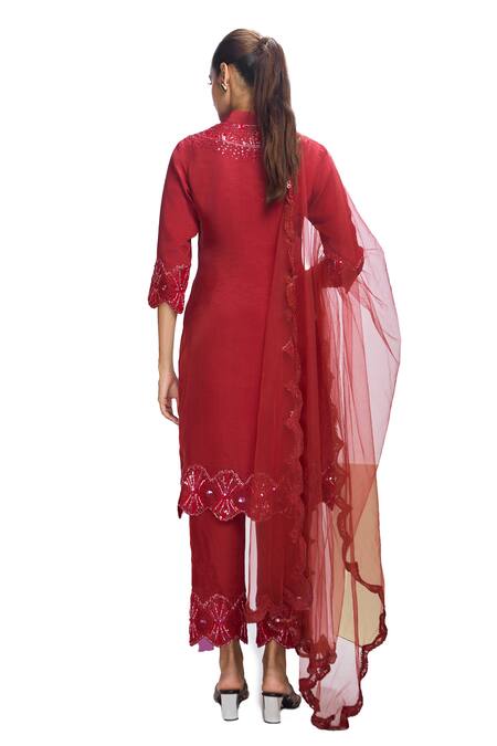 Nirmooha_Maroon Crepe, Chiffon, Chanderi Sequins, Embroidery Hand Kurta Pant Set _at_Aza_Fashions