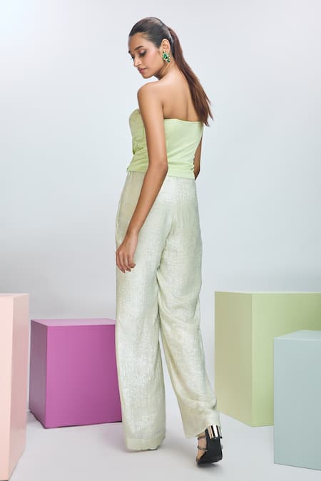 Shop Nirmooha Green Modal, Georgette Sweetheart Neck Draped Top With Pant at Aza Fashions Shop_Nirmooha_Green Modal, Georgette Sweetheart Neck Draped Top With Pant _at_Aza_Fashions