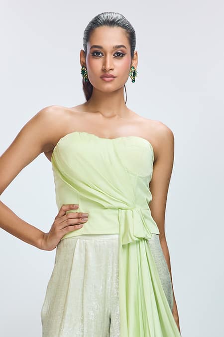 Nirmooha Green Modal, Georgette Sweetheart Neck Draped Top With Pant Online at Aza Fashions Nirmooha_Green Modal, Georgette Sweetheart Neck Draped Top With Pant _Online_at_Aza_Fashions