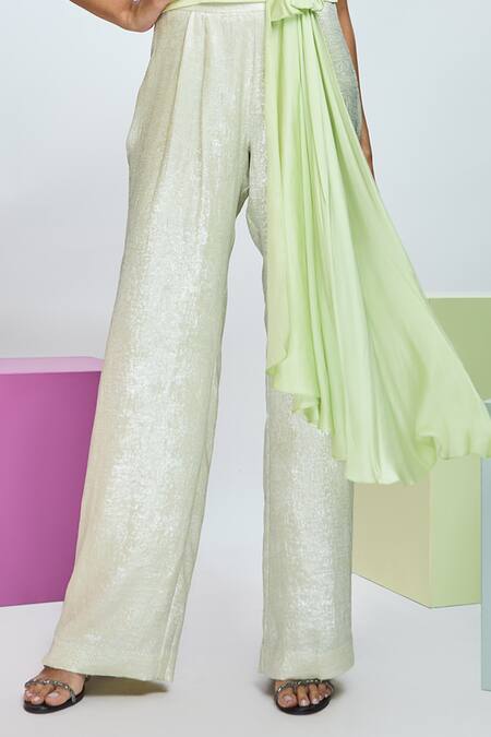 Buy Nirmooha Green Modal, Georgette Sweetheart Neck Draped Top With Pant Online at Aza Fashions Buy_Nirmooha_Green Modal, Georgette Sweetheart Neck Draped Top With Pant _Online_at_Aza_Fashions