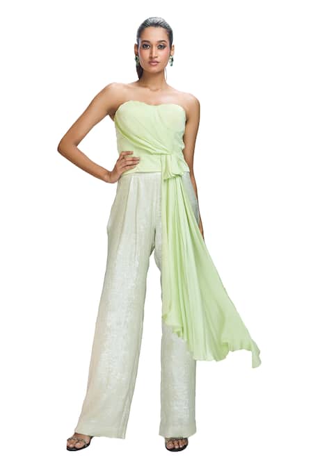 Shop Nirmooha Green Modal, Georgette Sweetheart Neck Draped Top With Pant Online at Aza Fashions Shop_Nirmooha_Green Modal, Georgette Sweetheart Neck Draped Top With Pant _Online_at_Aza_Fashions