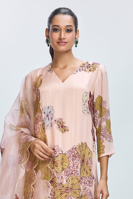 Nirmooha_Peach Organza, Chiffon, Lurex Beads, Floral Bloom Print Kurta Pant Set _Online_at_Aza_Fashions