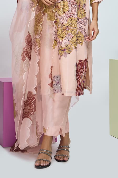 Buy_Nirmooha_Peach Organza, Chiffon, Lurex Beads, Floral Bloom Print Kurta Pant Set _Online_at_Aza_Fashions