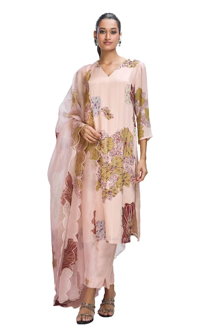 Shop_Nirmooha_Peach Organza, Chiffon, Lurex Beads, Floral Bloom Print Kurta Pant Set _Online_at_Aza_Fashions