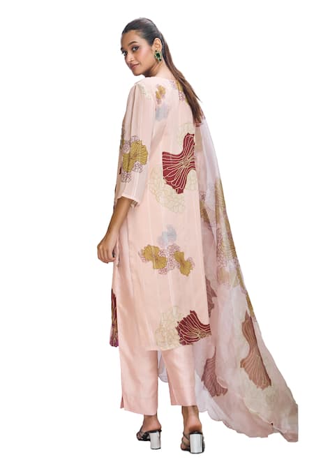 Nirmooha_Peach Organza, Chiffon, Lurex Beads, Floral Bloom Print Kurta Pant Set _at_Aza_Fashions