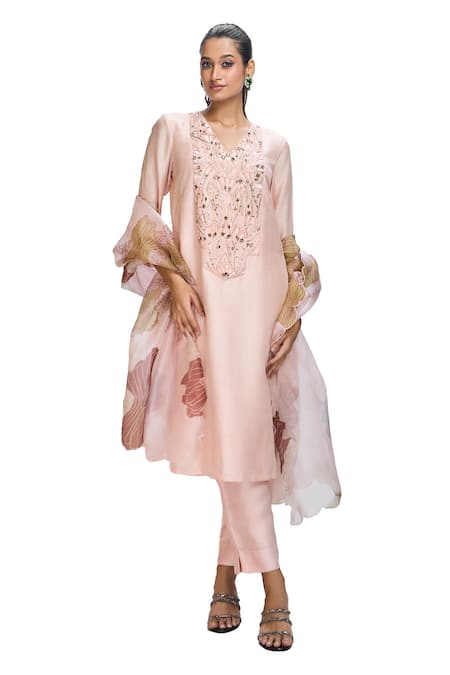 Shop Nirmooha Peach Organza, Nylon Beads, Crystals, Sequins Hand Embroidered Kurta Pant Set Online at Aza Fashions Shop_Nirmooha_Peach Organza, Nylon Beads, Crystals, Sequins Hand Embroidered Kurta Pant Set _Online_at_Aza_Fashions