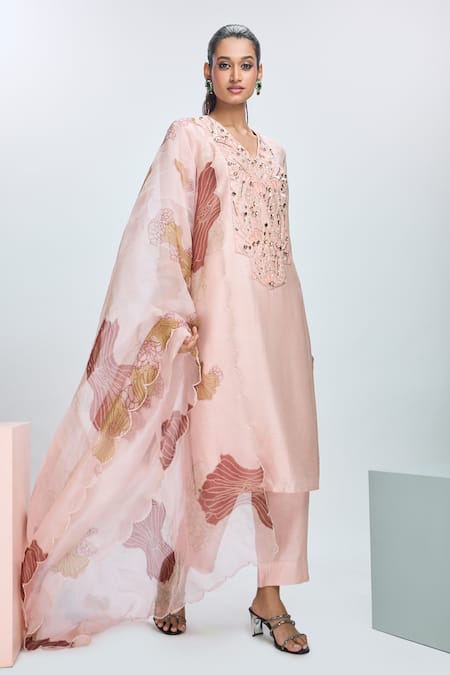 Nirmooha Peach Organza, Nylon Beads, Crystals, Sequins Hand Embroidered Kurta Pant Set at Aza Fashions Nirmooha_Peach Organza, Nylon Beads, Crystals, Sequins Hand Embroidered Kurta Pant Set _at_Aza_Fashions