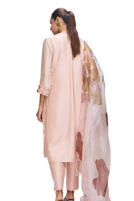 Buy Nirmooha Peach Organza, Nylon Beads, Crystals, Sequins Hand Embroidered Kurta Pant Set Buy_Nirmooha_Peach Organza, Nylon Beads, Crystals, Sequins Hand Embroidered Kurta Pant Set