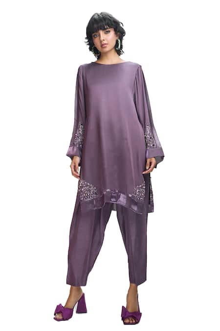 Nirmooha_Purple Modal, Silk Sequins, Beads Round Placement Embroidered Kurta With Pant _Online_at_Aza_Fashions