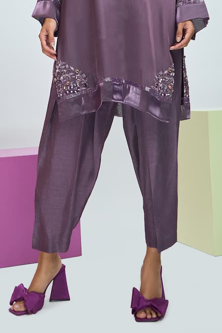 Buy_Nirmooha_Purple Modal, Silk Sequins, Beads Round Placement Embroidered Kurta With Pant _Online_at_Aza_Fashions