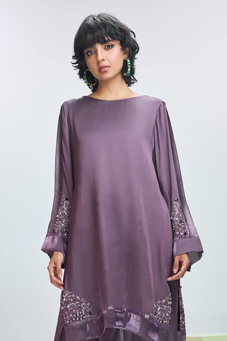 Shop_Nirmooha_Purple Modal, Silk Sequins, Beads Round Placement Embroidered Kurta With Pant _Online_at_Aza_Fashions